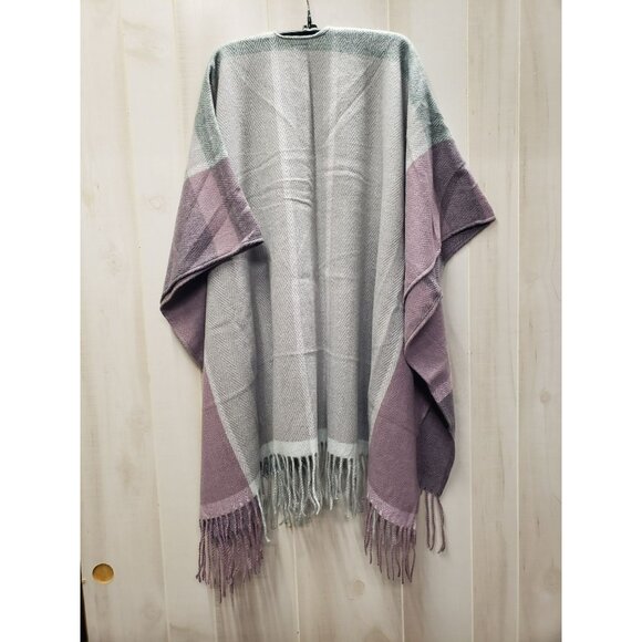 Woolrich Reagan Poncho Blanket Wrap Cape, Purple & Gray, Fringe, Polyester Blend - Picture 6 of 7